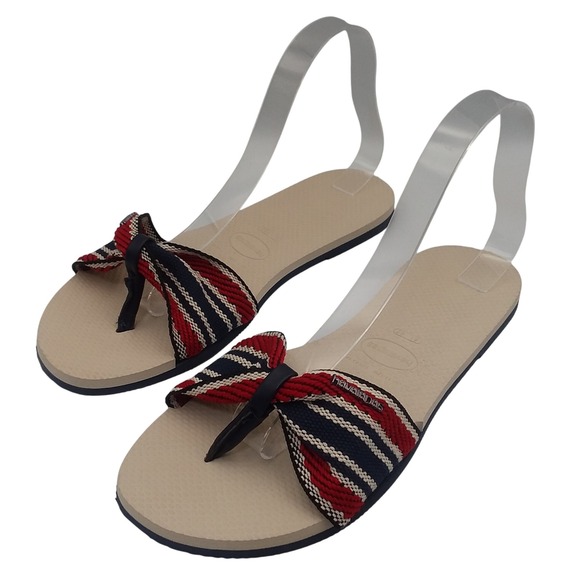 Havaianas Bow Flip Flops Thong Sandals Striped Red‎ Blue Beige Women's US11 EU43 - Picture 1 of 11